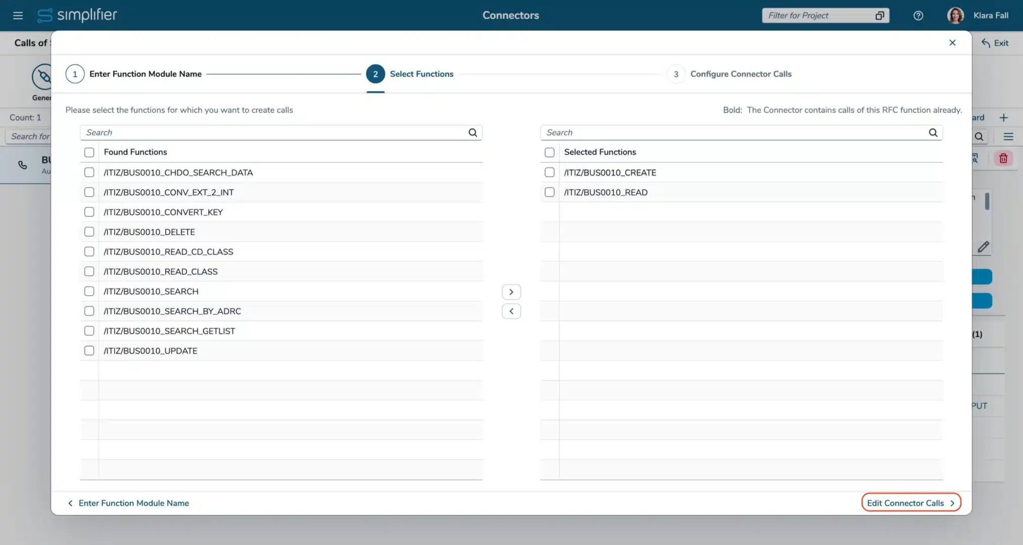 SAP RFC Konnektor-Assistent ausgewählte Calls SAP RFC Konnektor-Assistent ausgewählte Calls