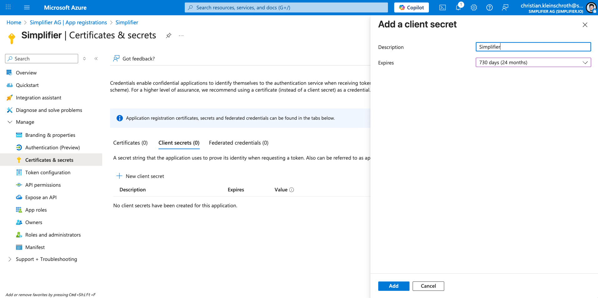 05_add_client_secret Entra ID Client Secret hinzufügen