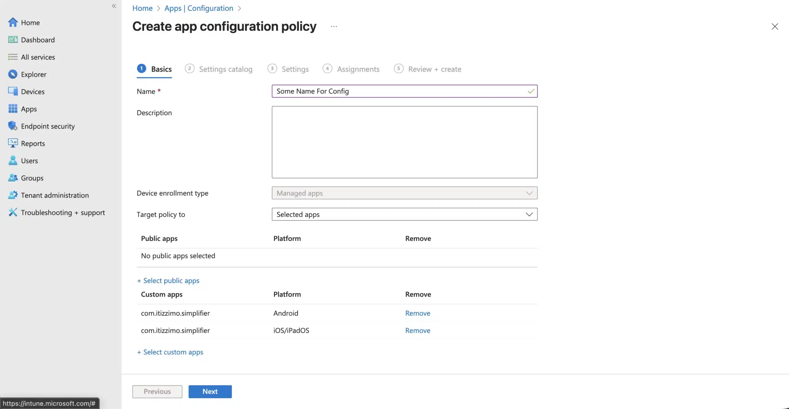 Create a new app configuration policy and set the basics