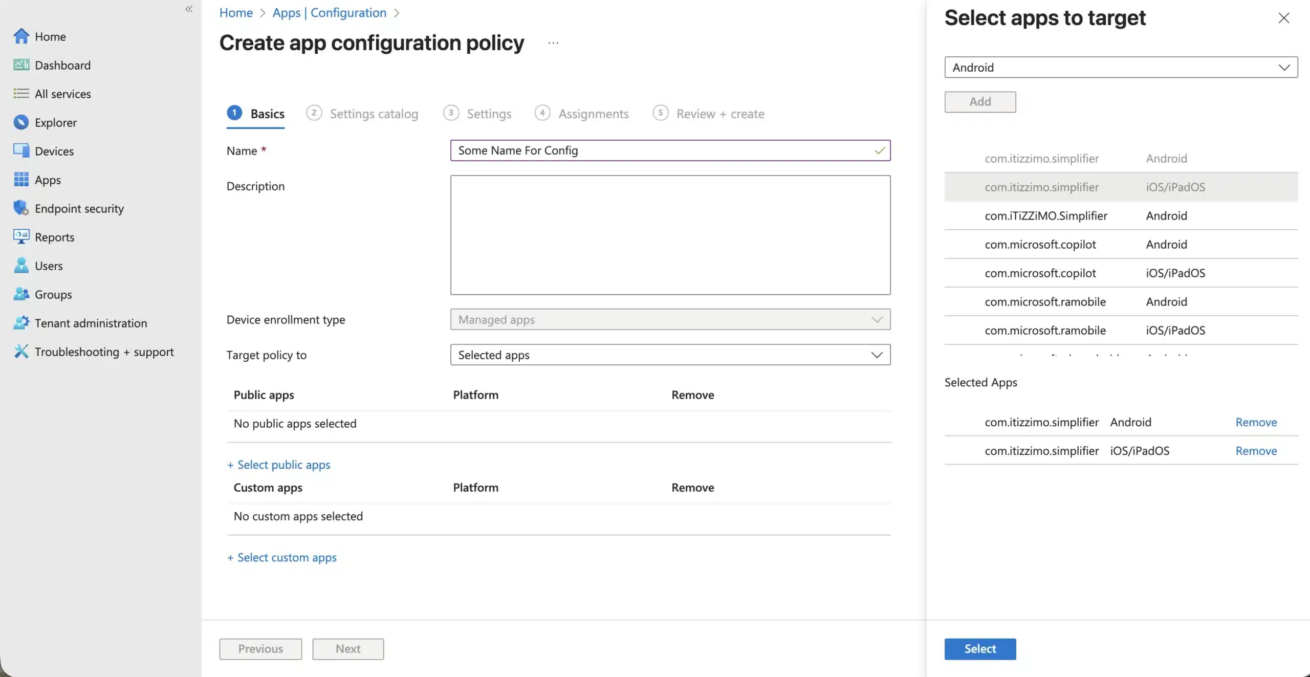 Create a new app configuration policy and add Simplifier as custom app