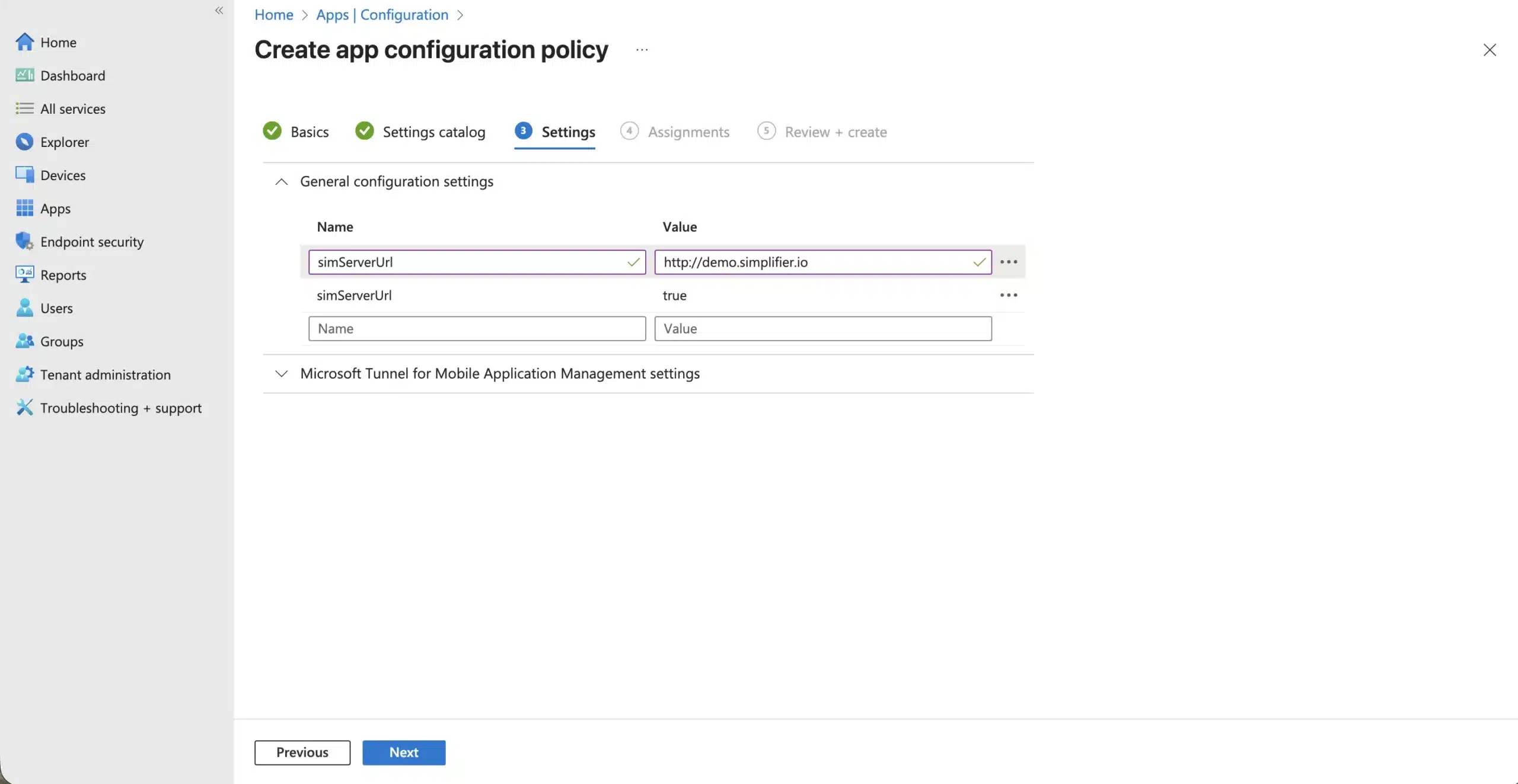 Add settings to new app configuration policy