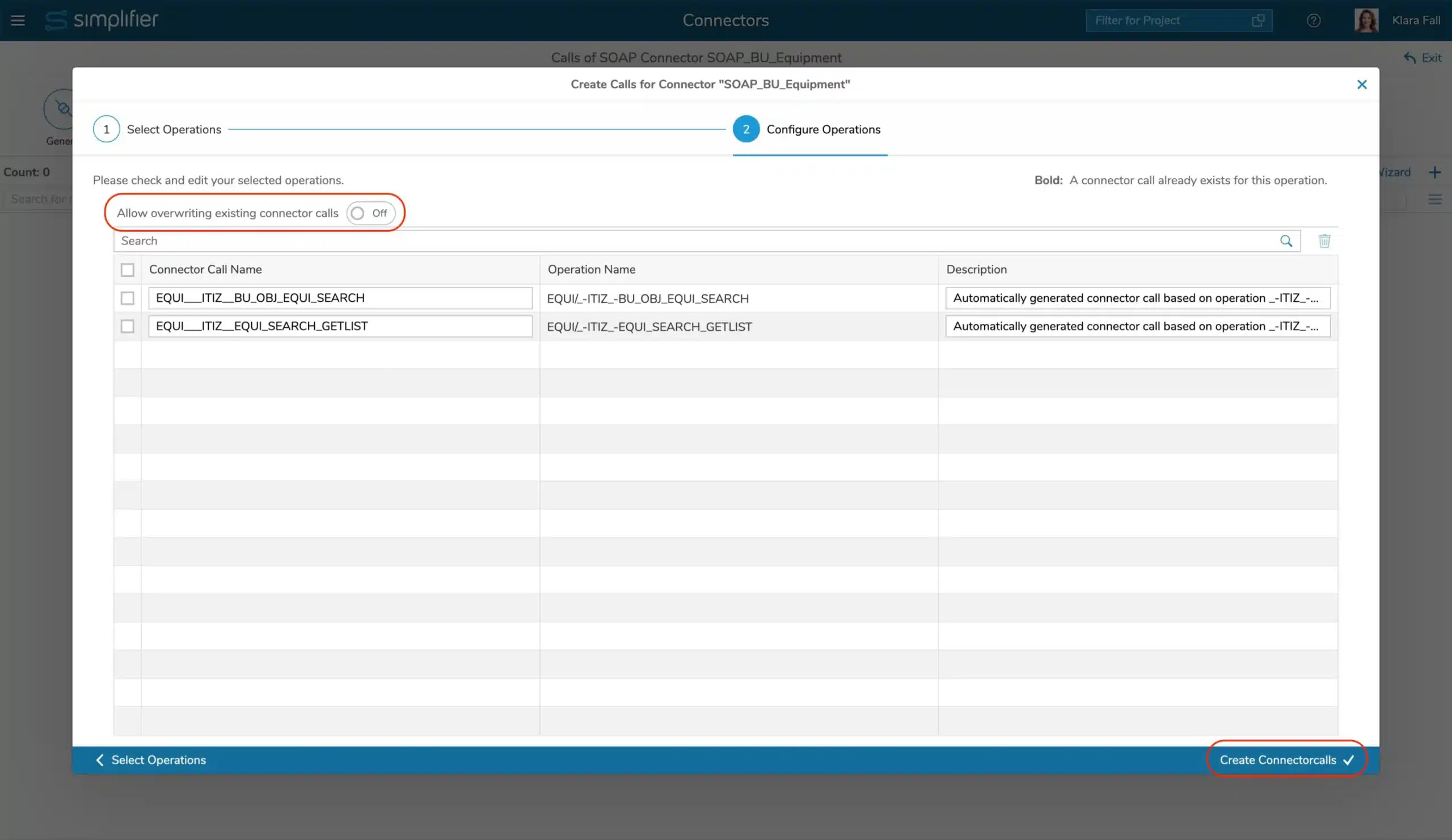 Configure operations in SOAP Connector Wizard