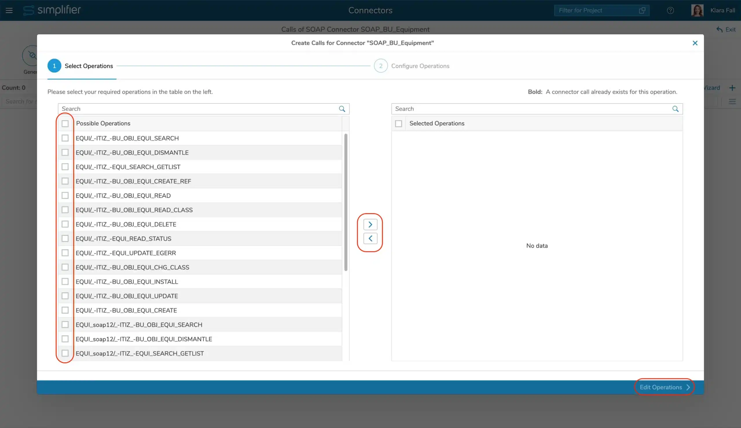 Select operations in SOAP Connector Wizard
